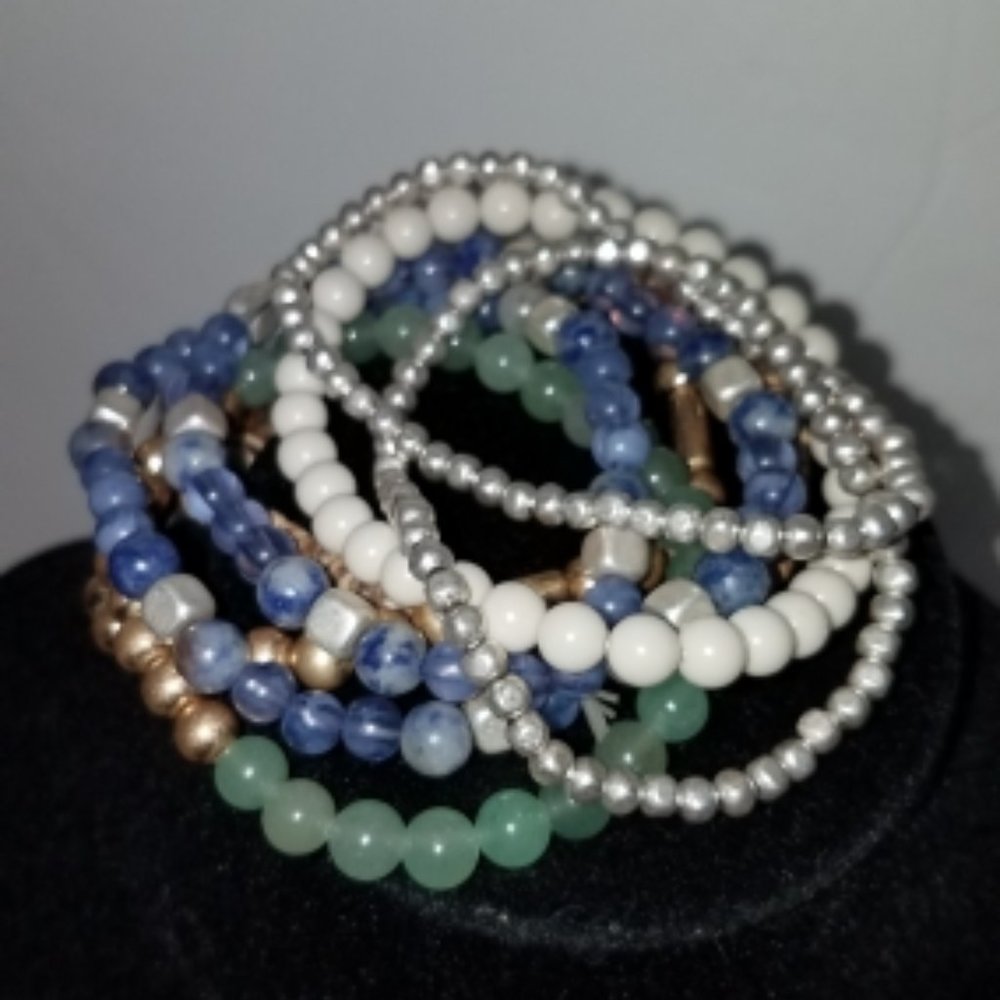 8-PC Boho-Style stretch bracelets blue, green and tan